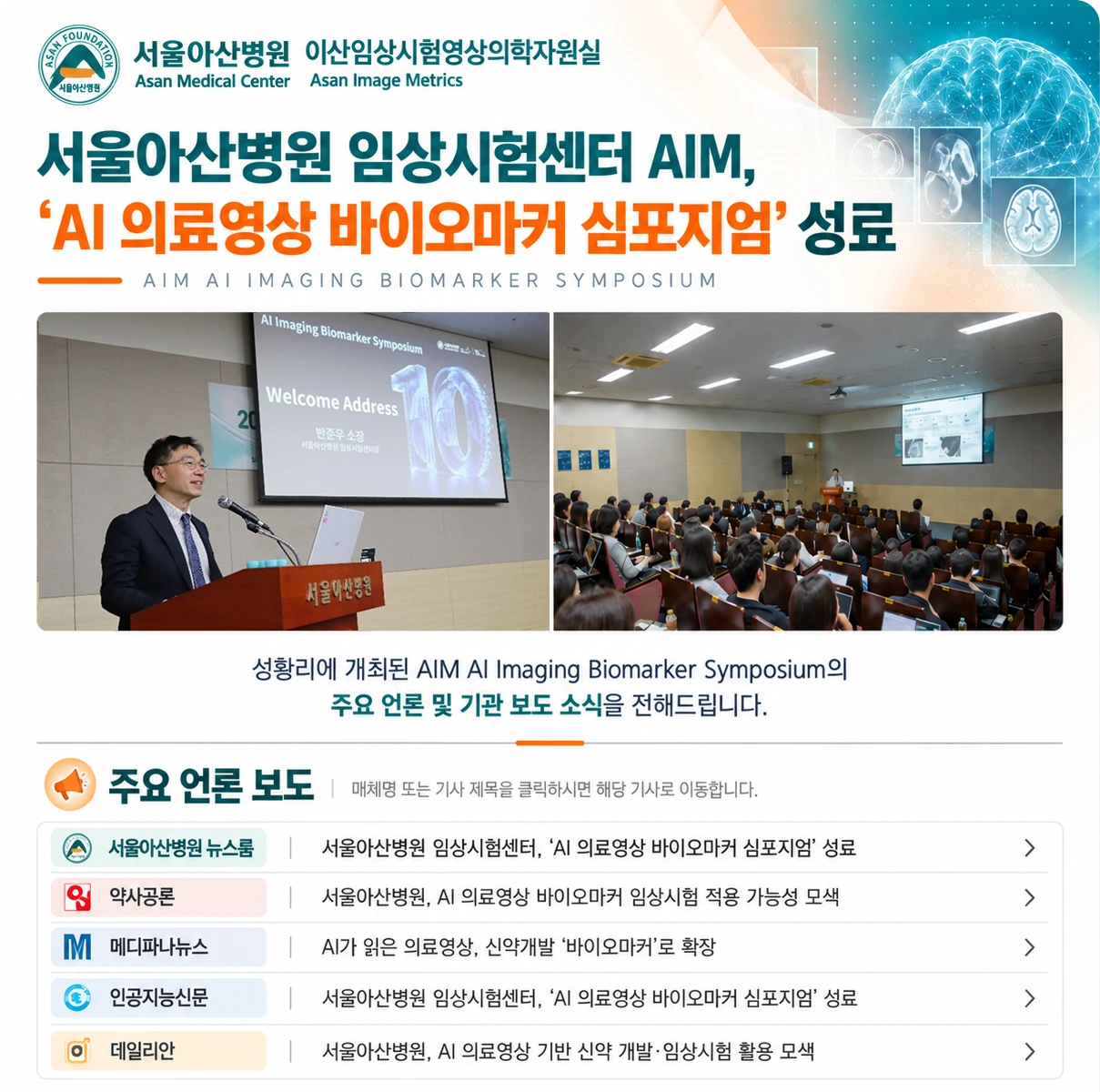 서울아산병원 임상시험센터 AIM, 'AI 의료영상 바이오마커 심포지엄' 성료 - 주요 언론 보도